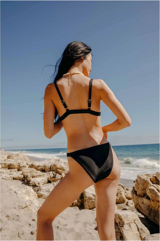 Malibu Stretchy Ribbed Bikini Bottoms - Onyx Black Ribbed Sabal Swim