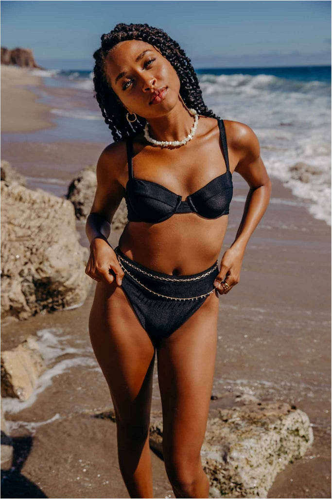 High Waist Ribbed Solana Bikini Bottoms- Onyx Black Ribbed Sabal Swim